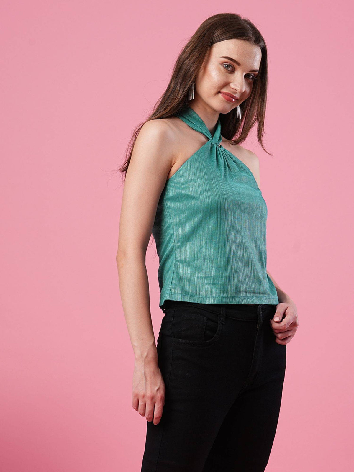 Women Teal Halter Neck Party Top | HT67 - view 2
