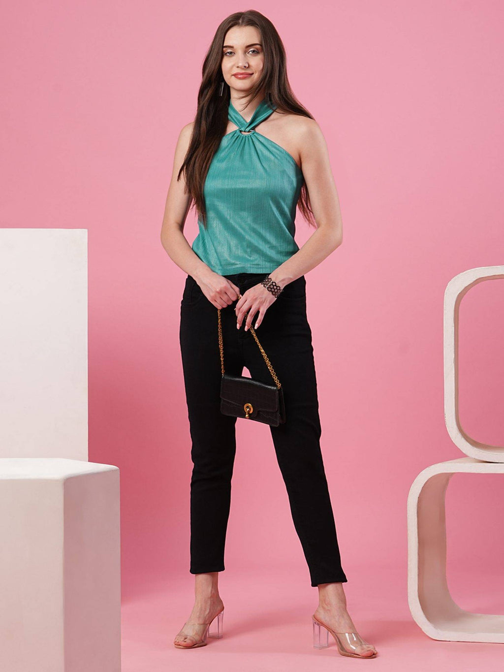 Women Teal Halter Neck Party Top | HT67 - view 5
