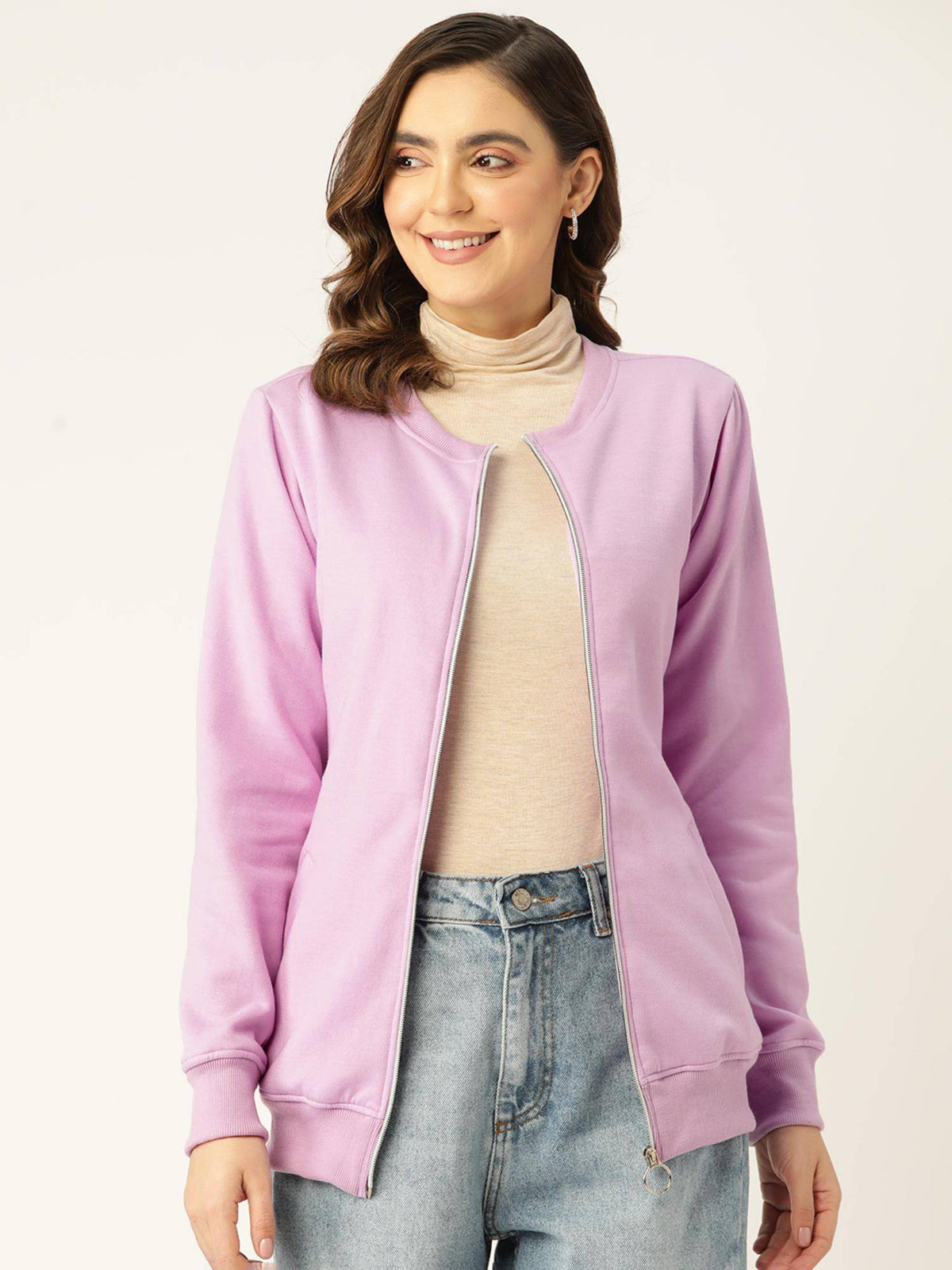 Women Collarless Solid Fleece Casual Jacket Lavender | JC78 - view 1