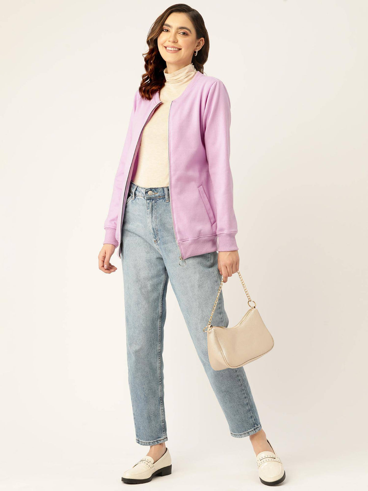 Women Collarless Solid Fleece Casual Jacket Lavender | JC78 - view 5