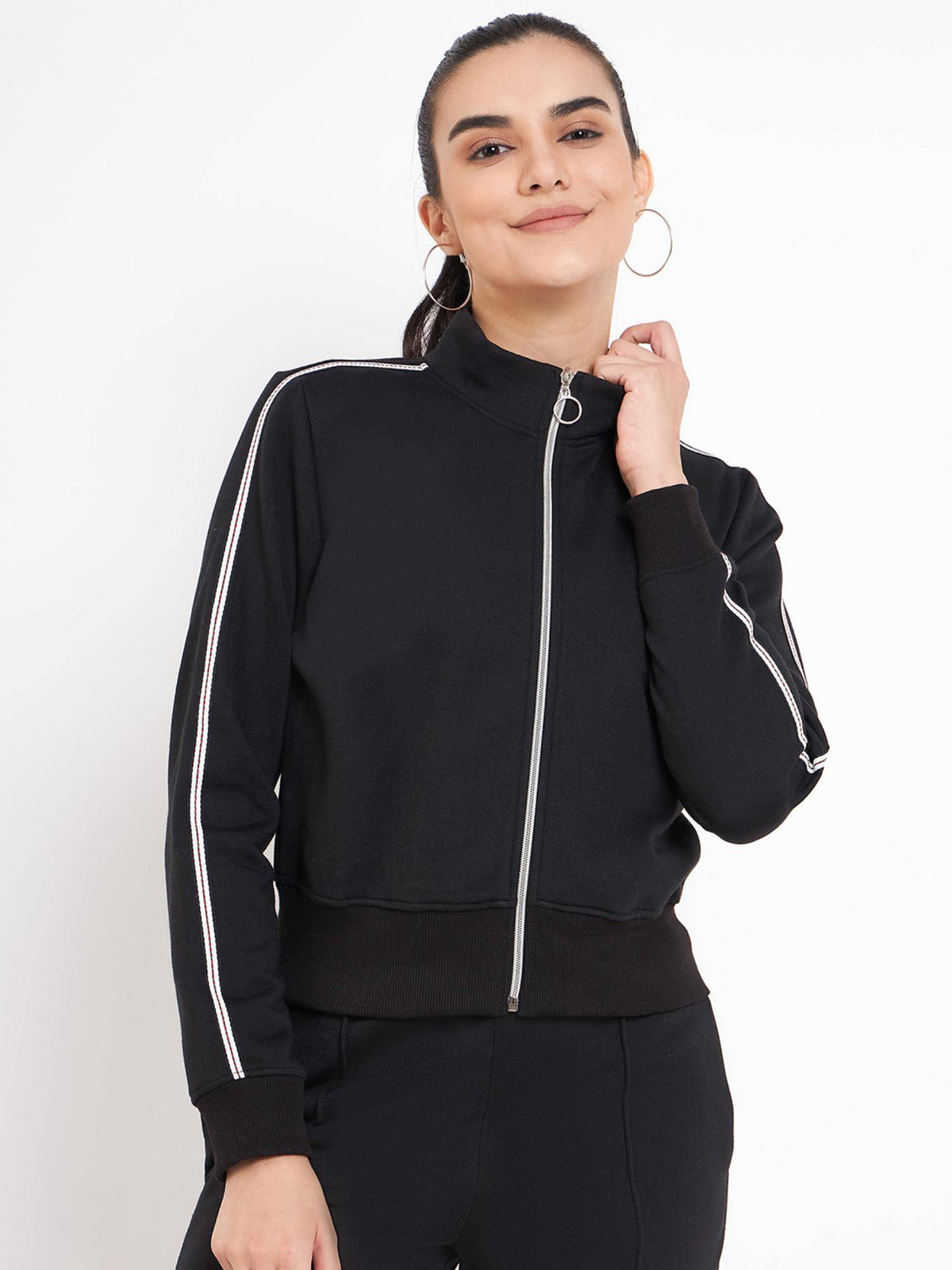 Women Mock Collar Solid Fleece Casual Jacket Black | JC78 - view 1