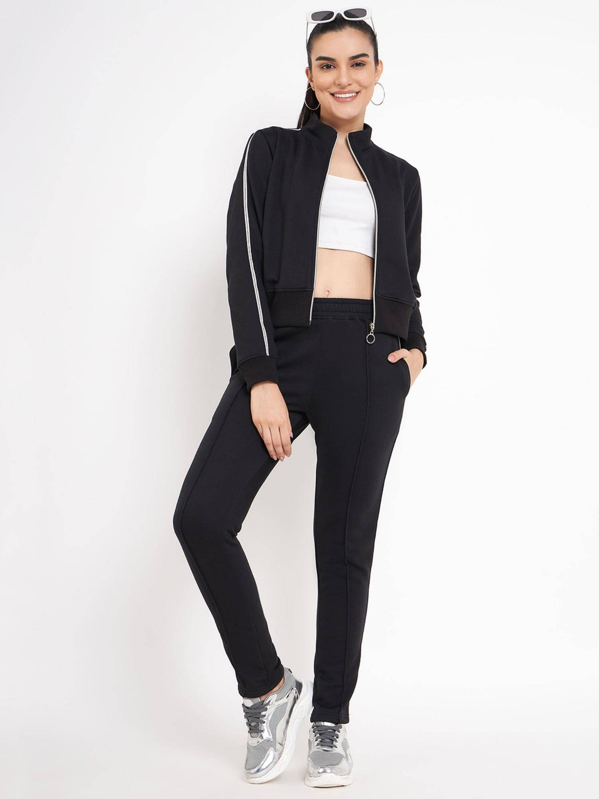 Women Mock Collar Solid Fleece Casual Jacket Black | JC78 - view 3