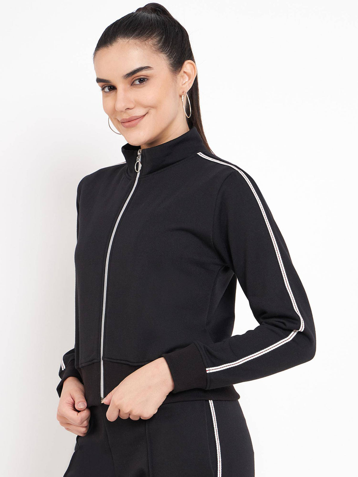 Women Mock Collar Solid Fleece Casual Jacket Black | JC78 - view 4