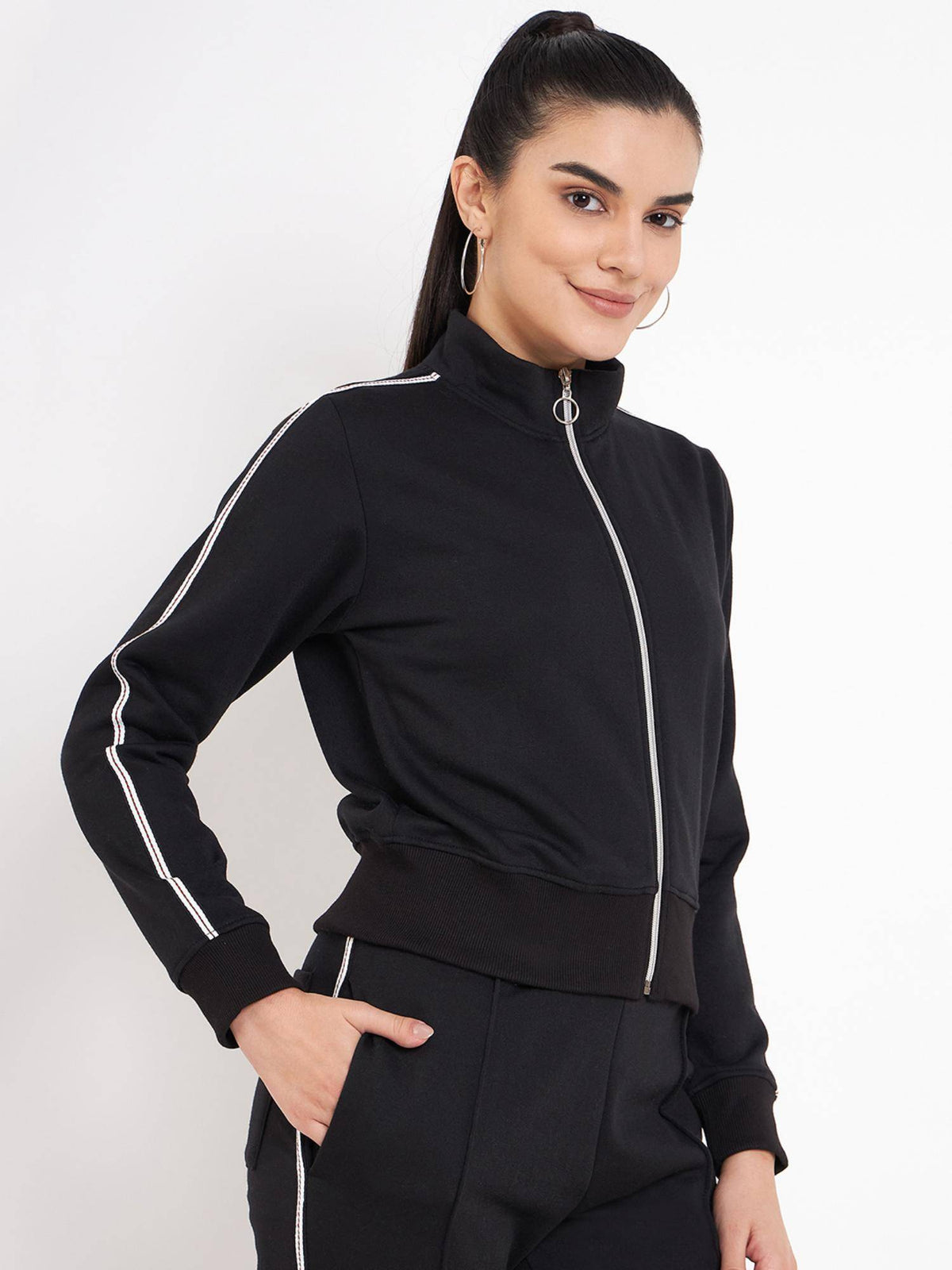 Women Mock Collar Solid Fleece Casual Jacket Black | JC78 - view 5