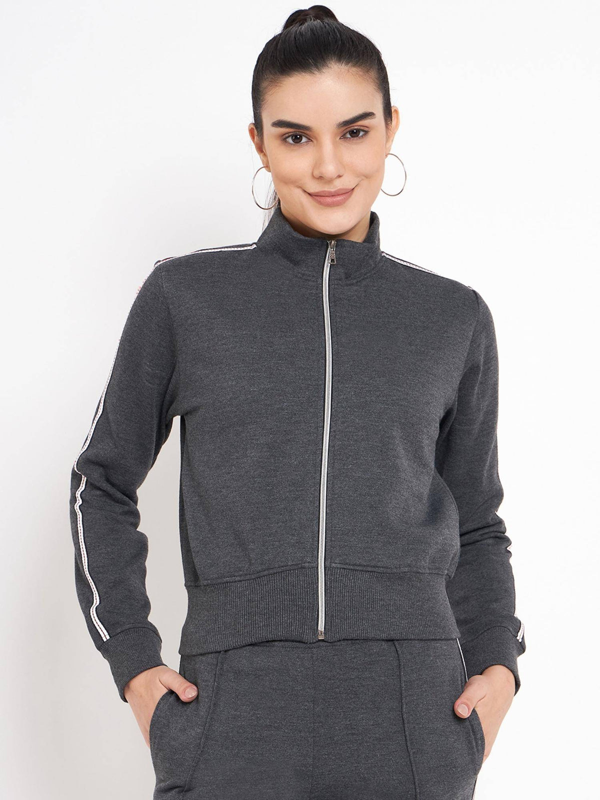 Women Mock Collar Solid Fleece Casual Jacket Black | JC78 - view 24