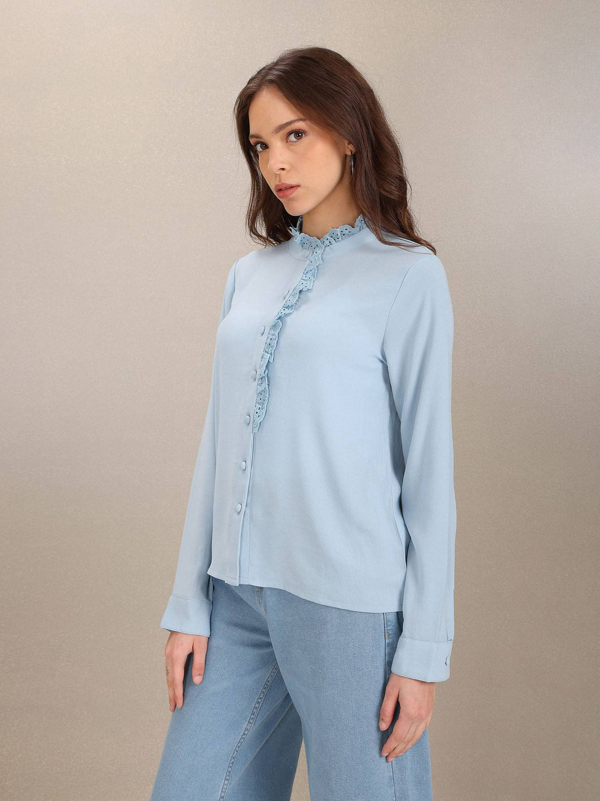Light Blue Lace Placket Top | U89 - view 4
