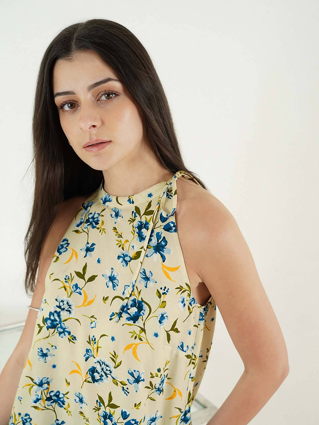 Off White Viscose Sleeveless Halter Neck Floral Top | HT67 - view 2