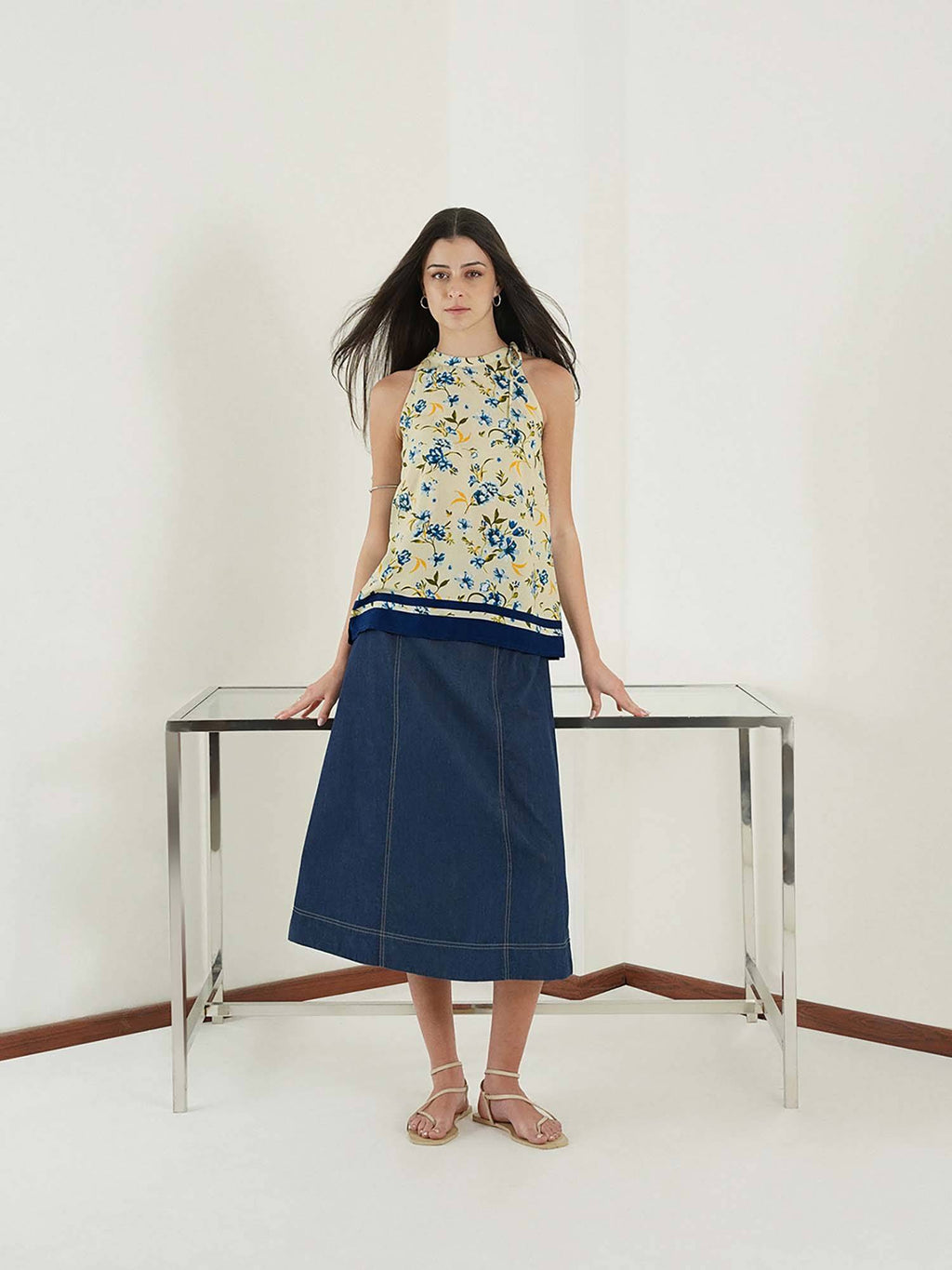 Off White Viscose Sleeveless Halter Neck Floral Top | HT67 - view 4