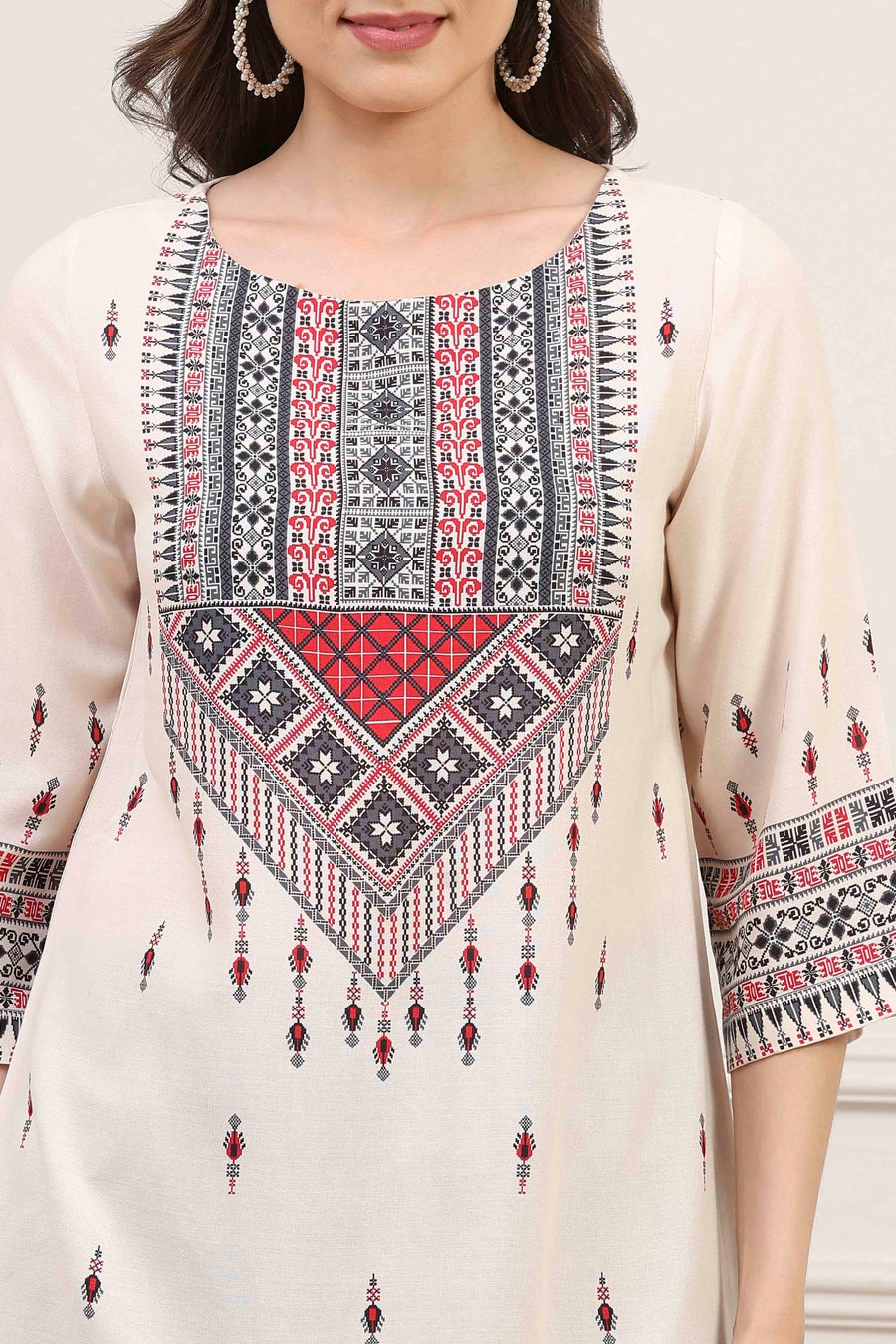Ecru LIVA Straight Printed Kurti K60