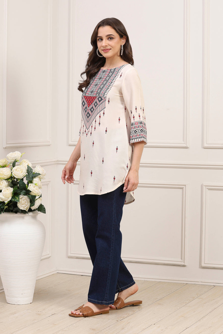 Ecru LIVA Straight Printed Kurti K60