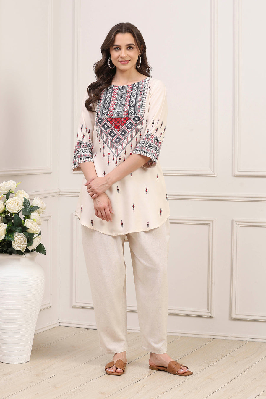 Ecru LIVA Straight Printed Kurti K60