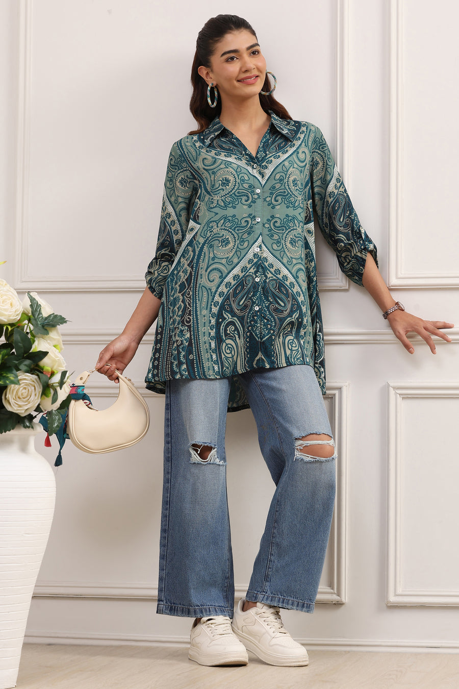 Teal LIVA Straight Printed Shirt K60