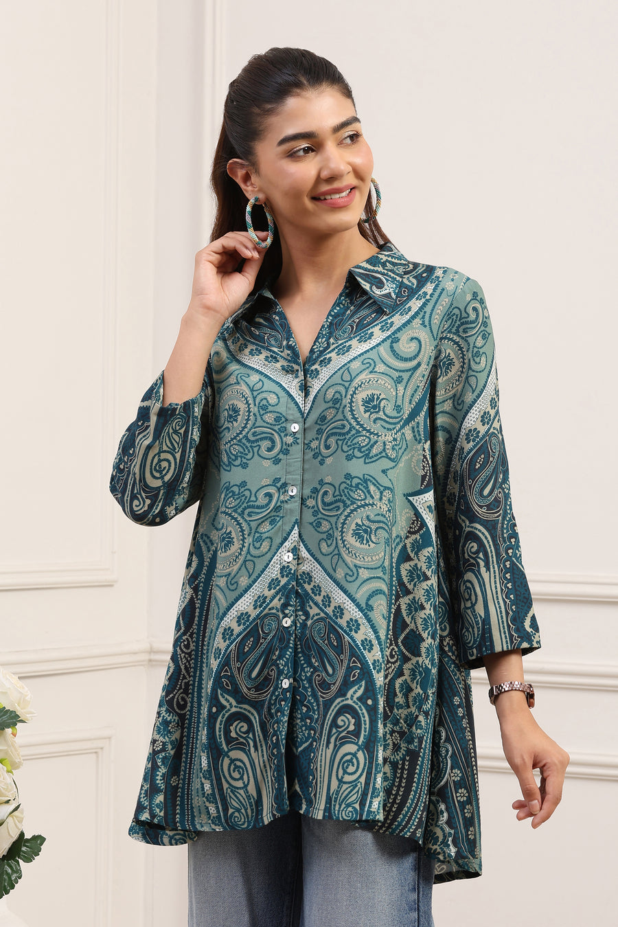 Teal LIVA Straight Printed Shirt K60