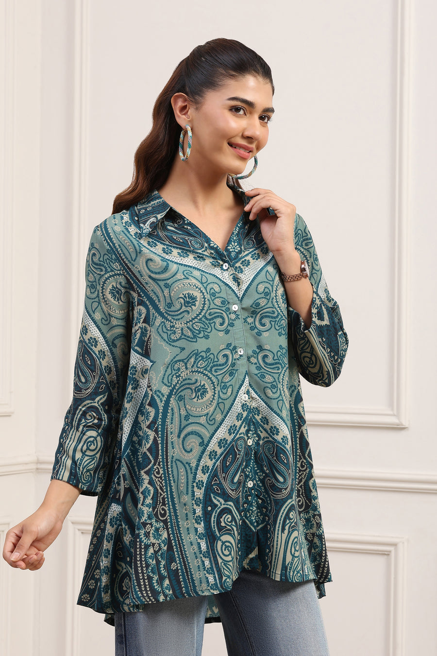 Teal LIVA Straight Printed Shirt K60