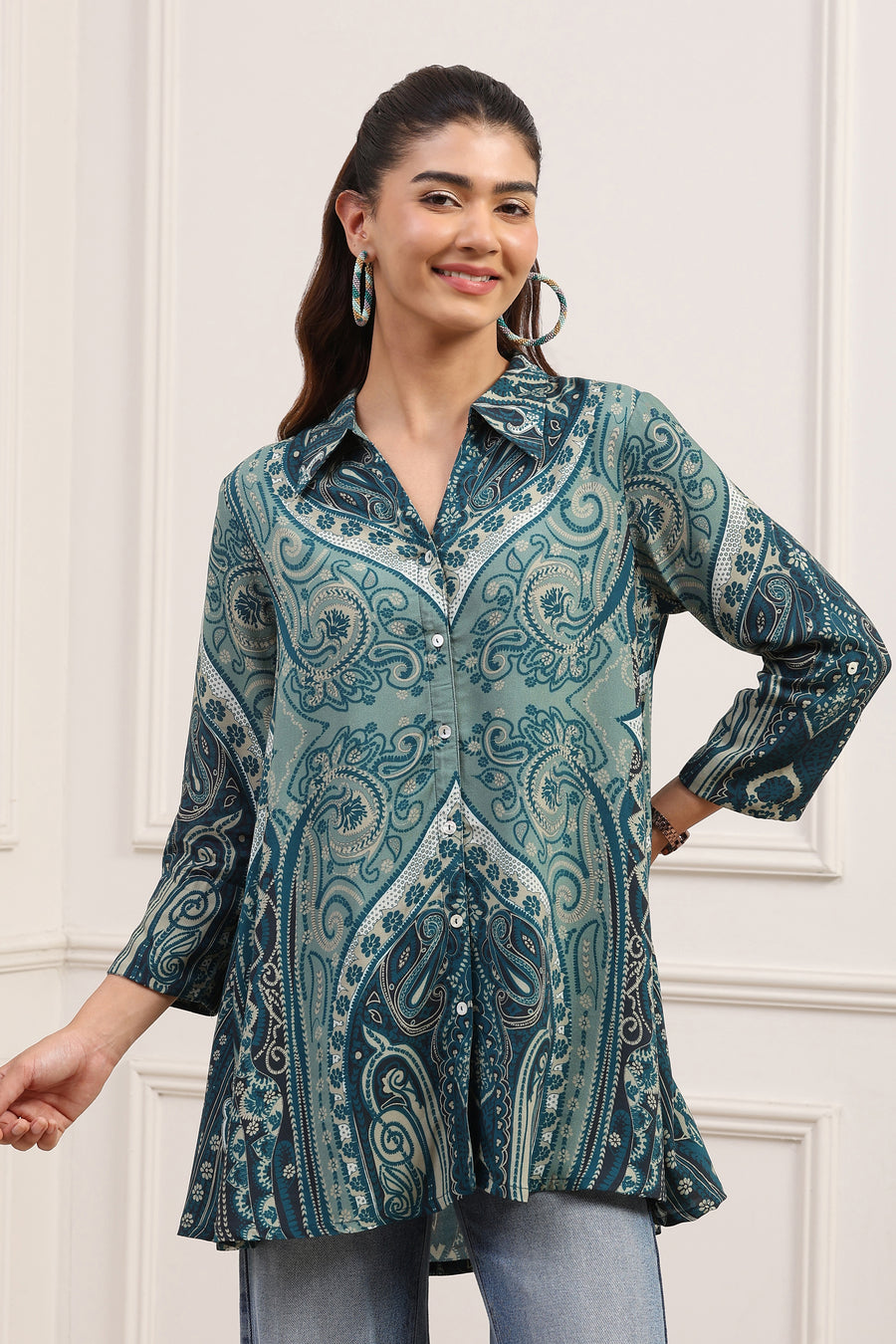 Teal LIVA Straight Printed Shirt K60