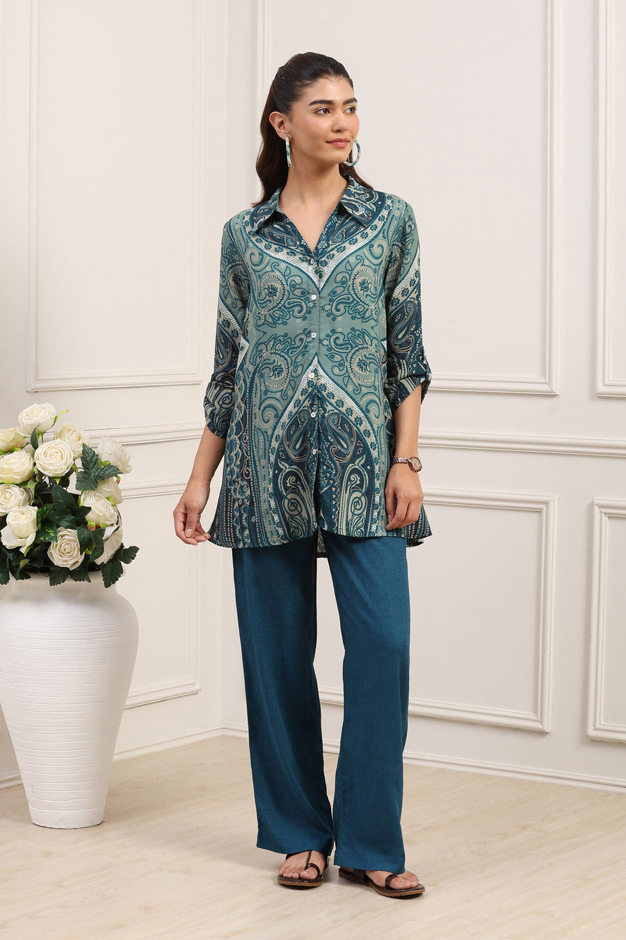 Teal LIVA Straight Printed Shirt K60
