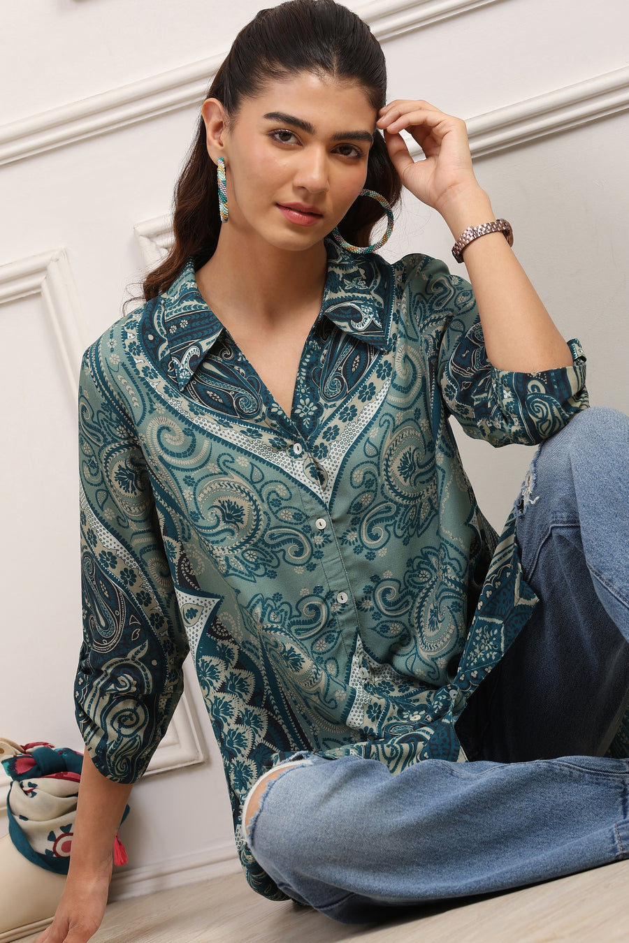 Teal LIVA Straight Printed Shirt K60