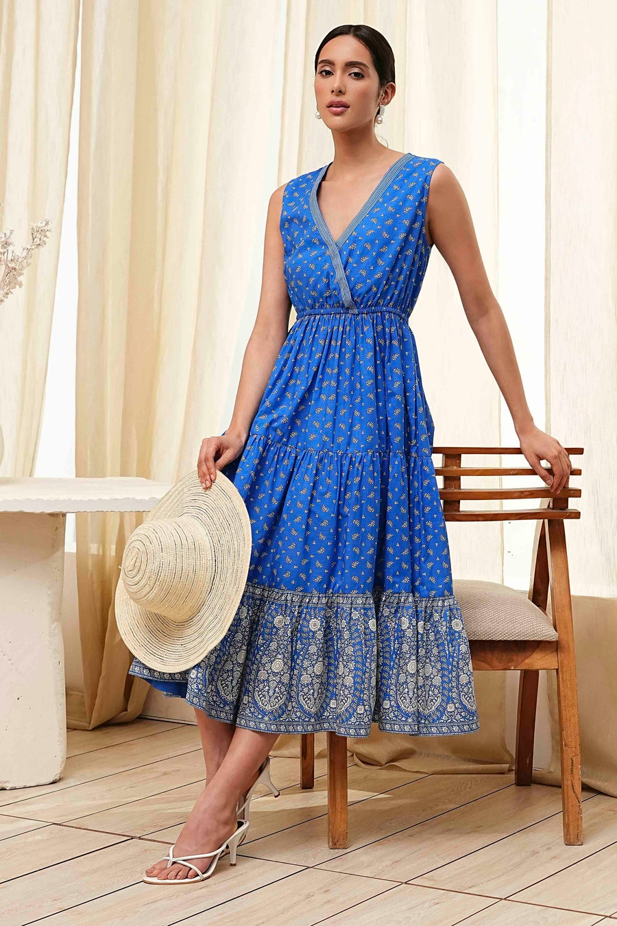 Blue Cotton Printed Tiered Dress E45