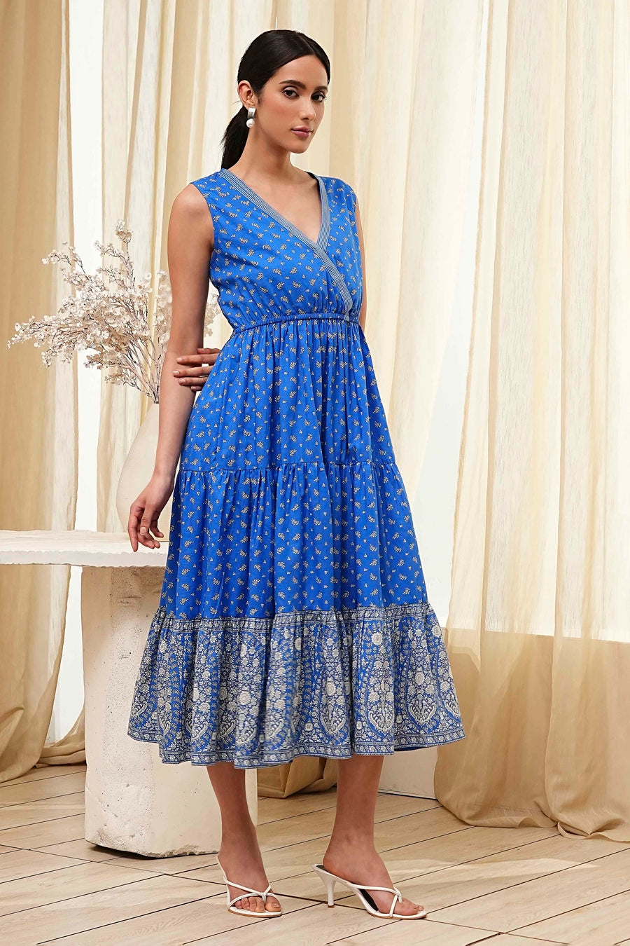 Blue Cotton Printed Tiered Dress E45