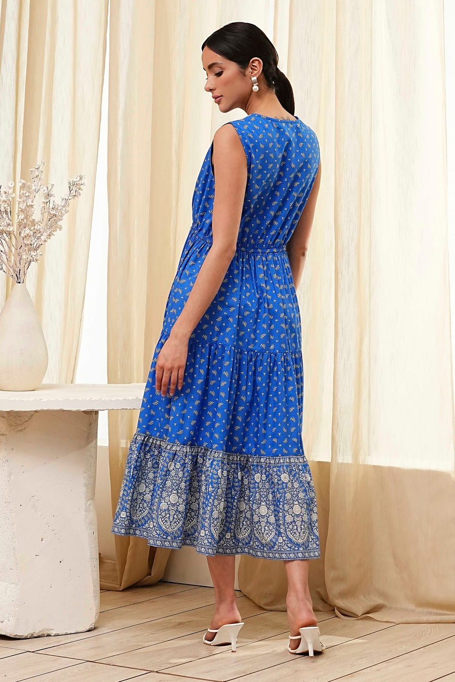 Blue Cotton Printed Tiered Dress E45
