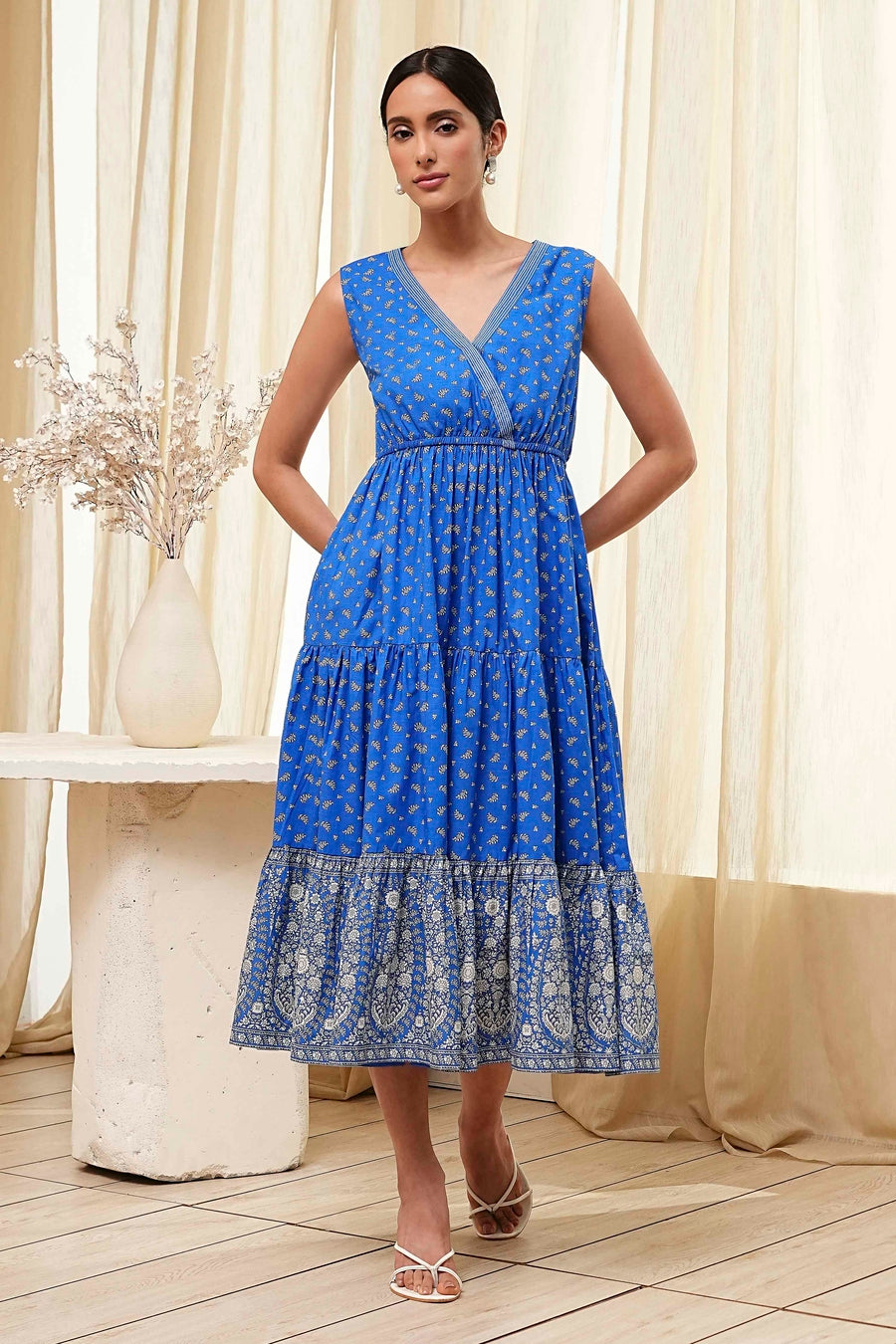 Blue Cotton Printed Tiered Dress E45