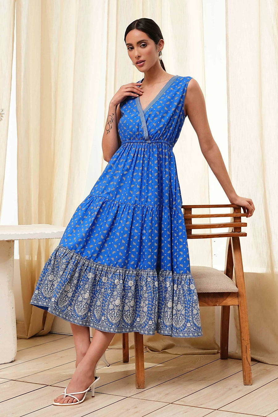Blue Cotton Printed Tiered Dress E45