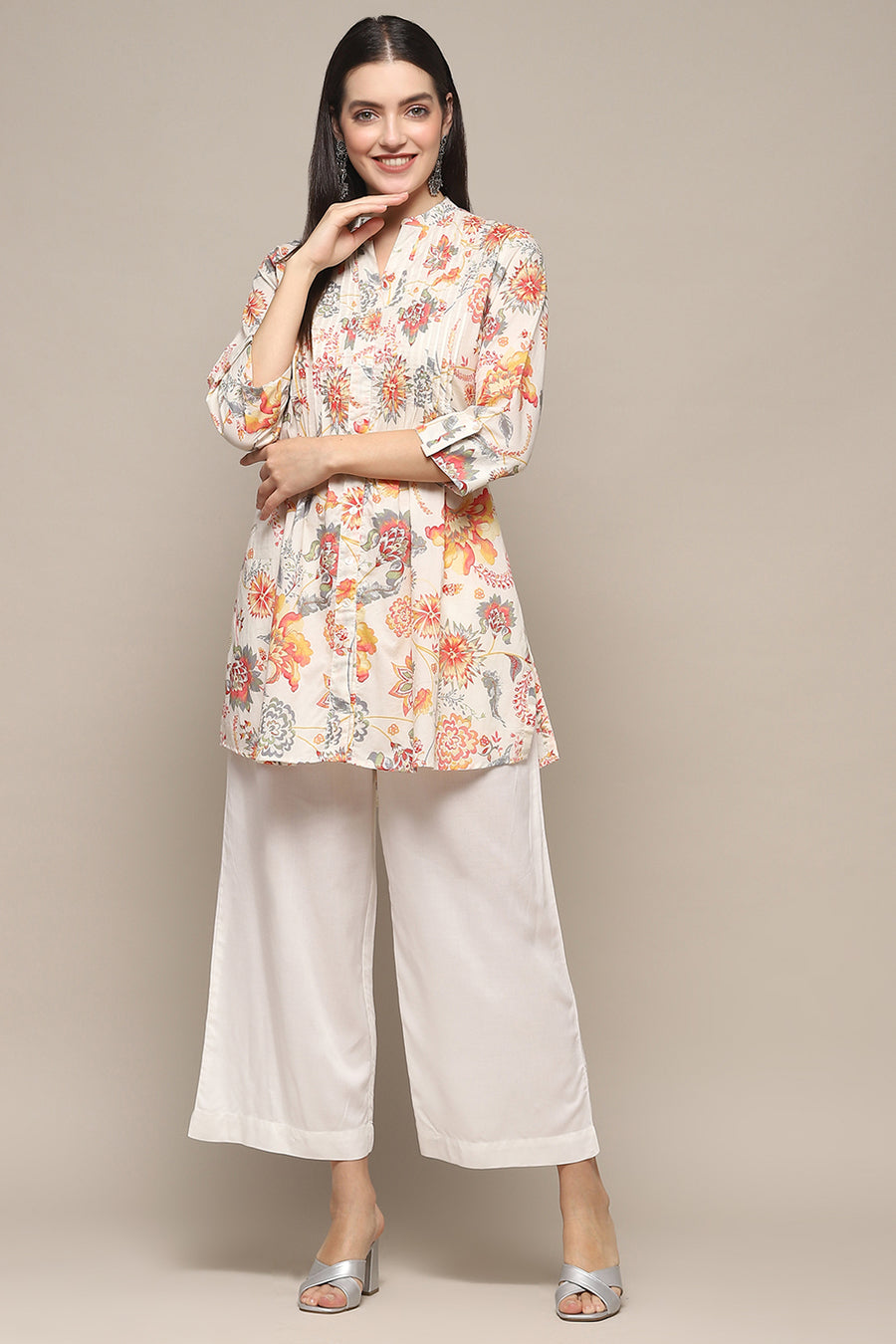 Off-White Cotton Printed Short Kurti K60