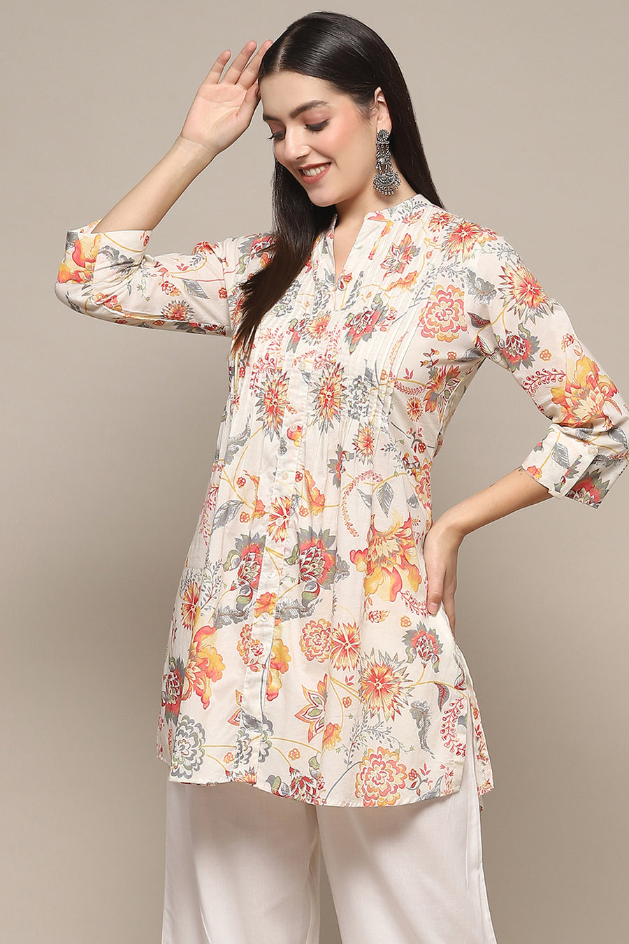 Off-White Cotton Printed Short Kurti K60