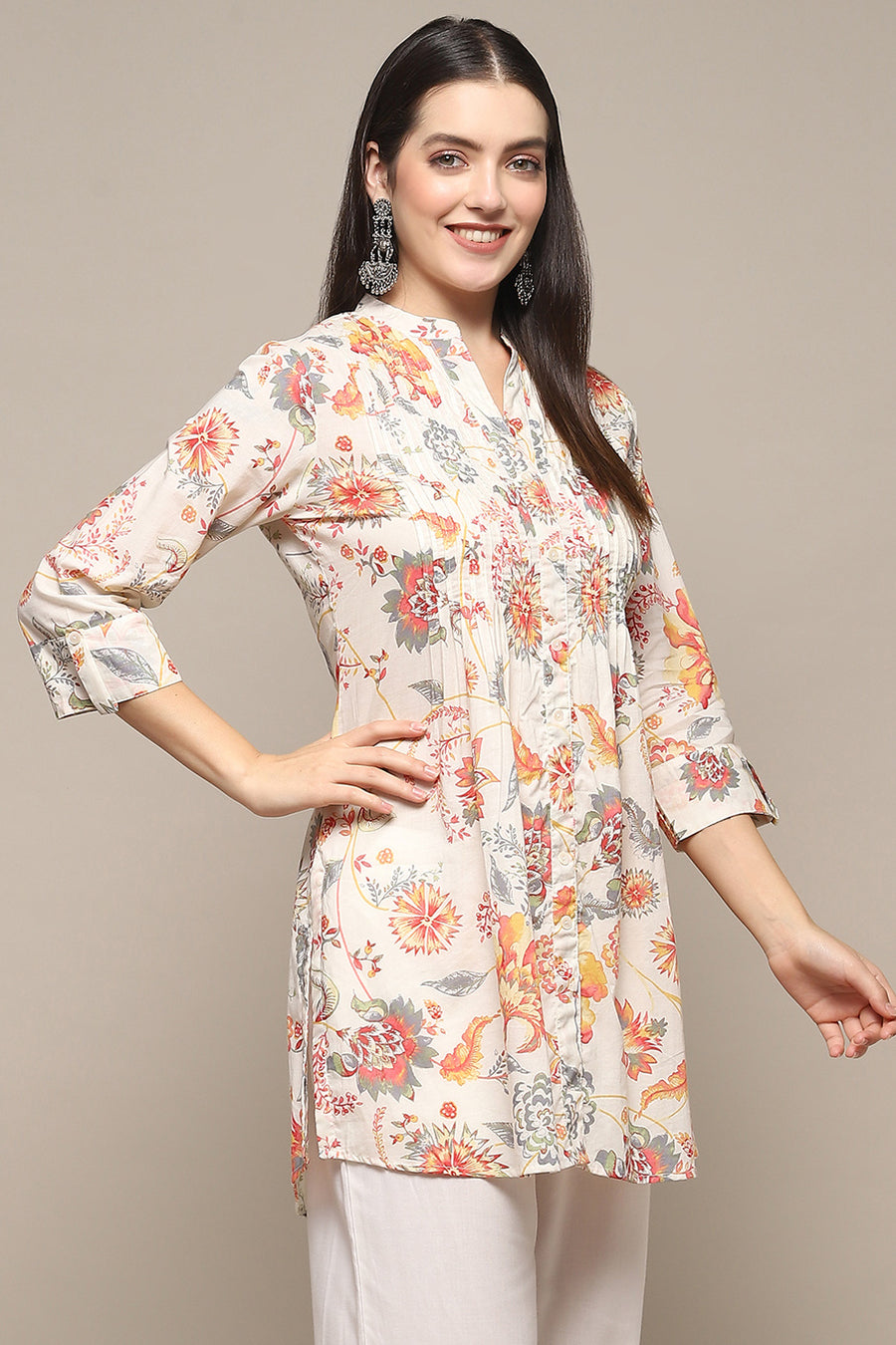 Off-White Cotton Printed Short Kurti K60