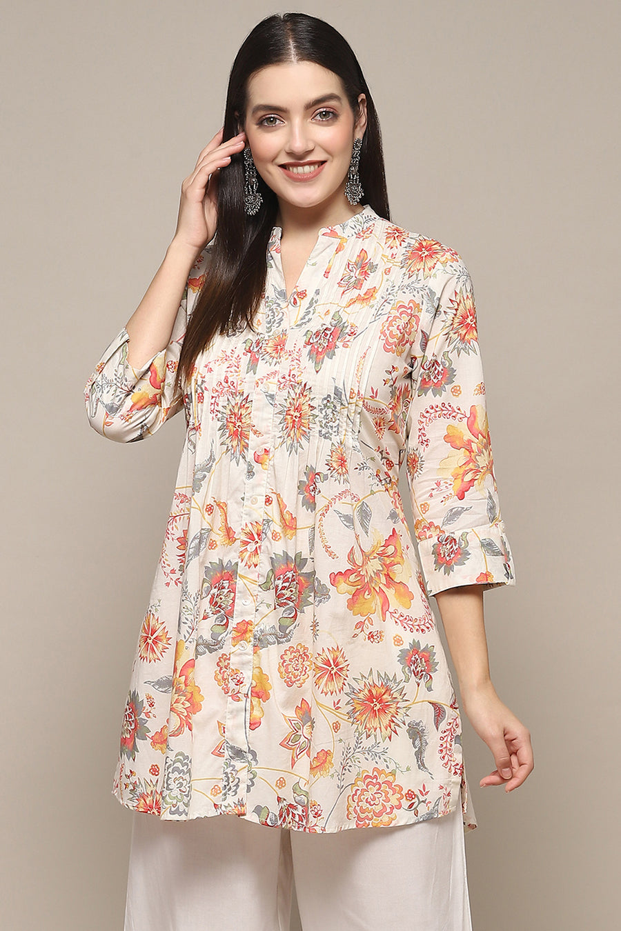 Off-White Cotton Printed Short Kurti K60