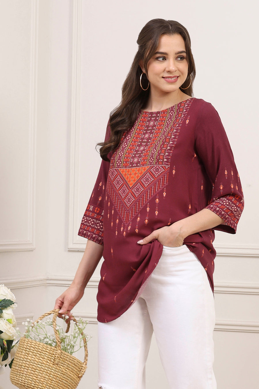Maroon Rayon Geometric Printed Kurti K60