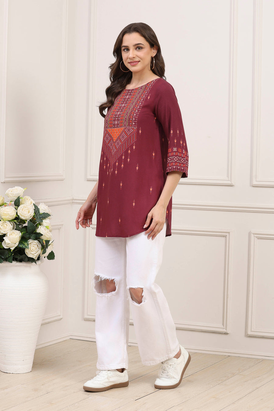 Maroon Rayon Geometric Printed Kurti K60