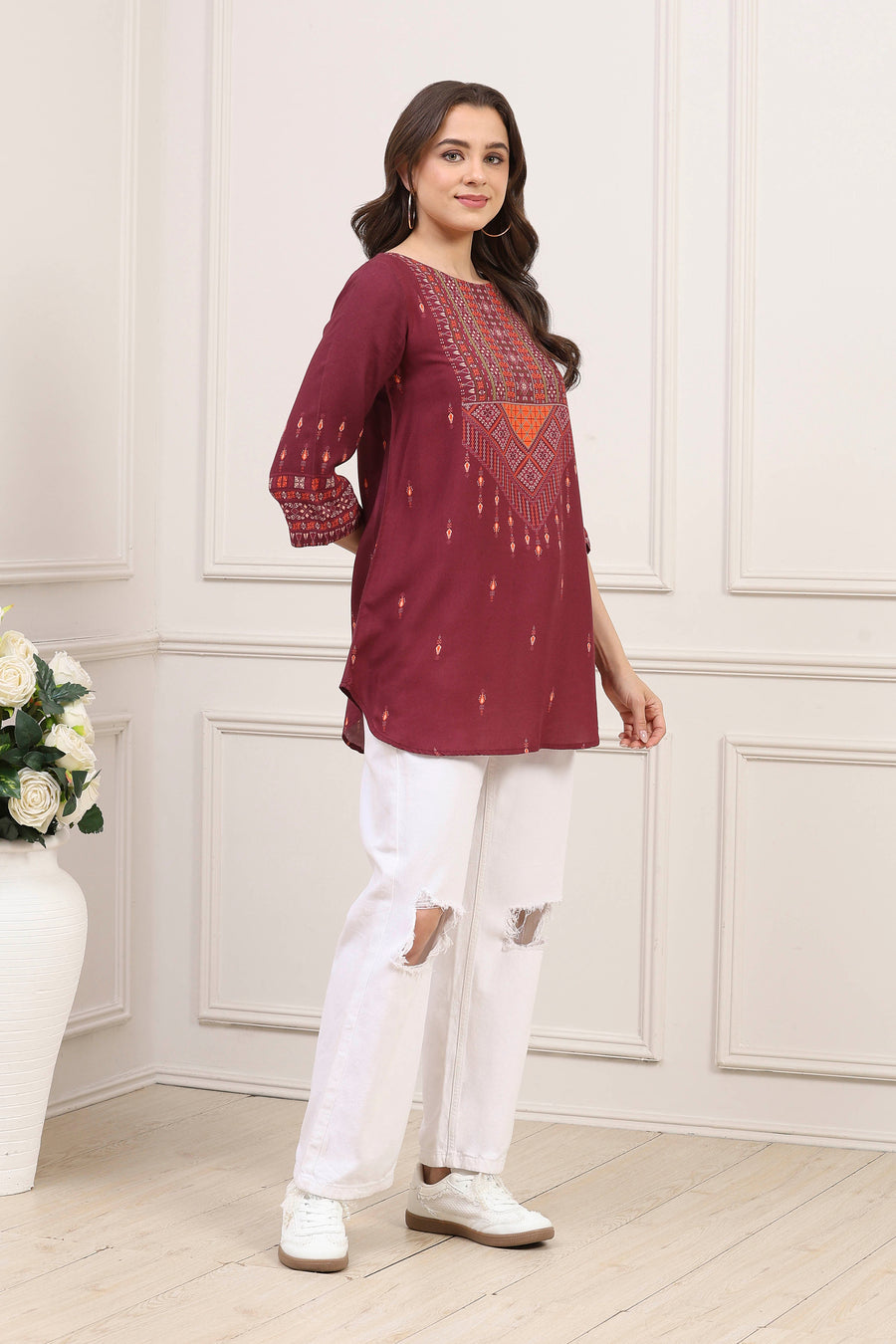 Maroon Rayon Geometric Printed Kurti K60