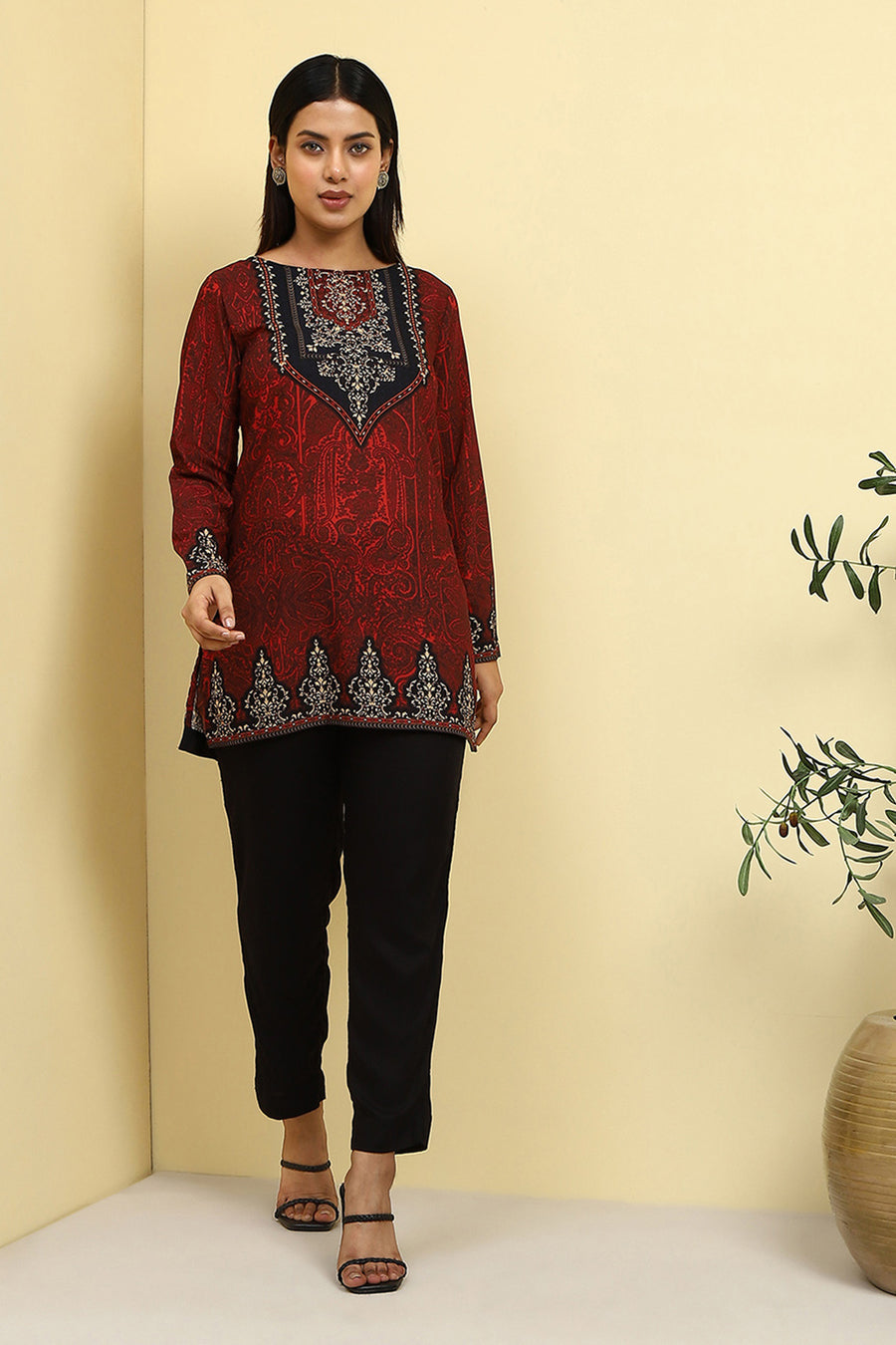 Maroon Polyester Printed Straight Kurti K60