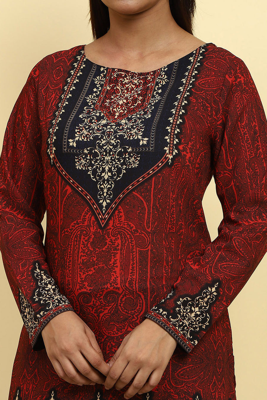 Maroon Polyester Printed Straight Kurti K60