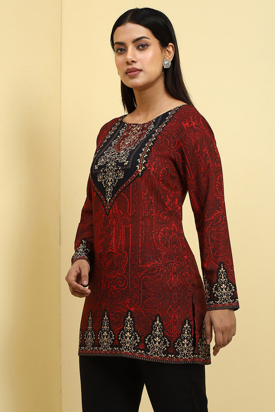 Maroon Polyester Printed Straight Kurti K60