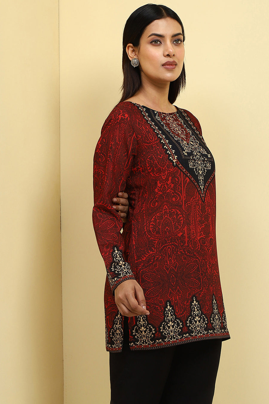 Maroon Polyester Printed Straight Kurti K60