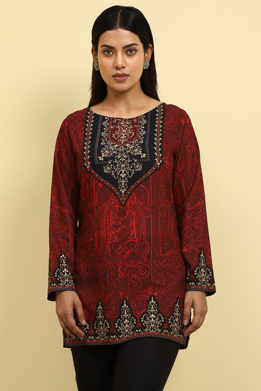 Maroon Polyester Printed Straight Kurti K60