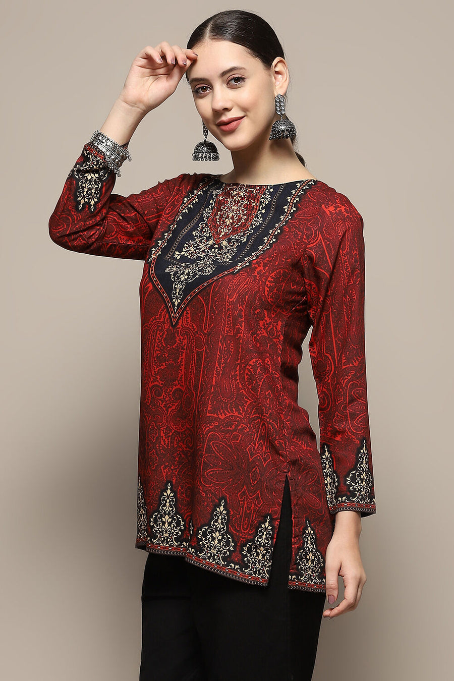 Maroon Crepe Printed Straight Short Kurta K60
