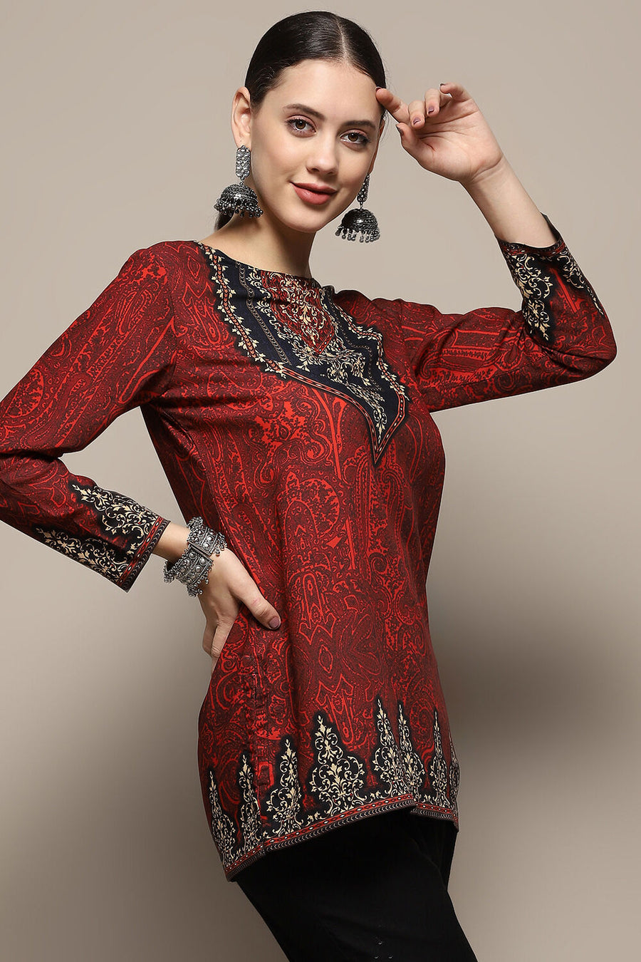 Maroon Crepe Printed Straight Short Kurta K60