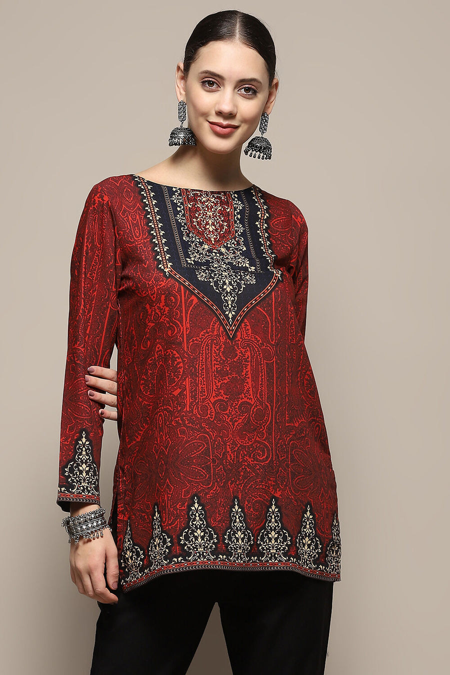 Maroon Crepe Printed Straight Short Kurta K60