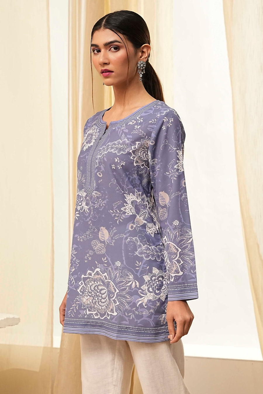 Blue Floral Printed Short Straight Kurta K60