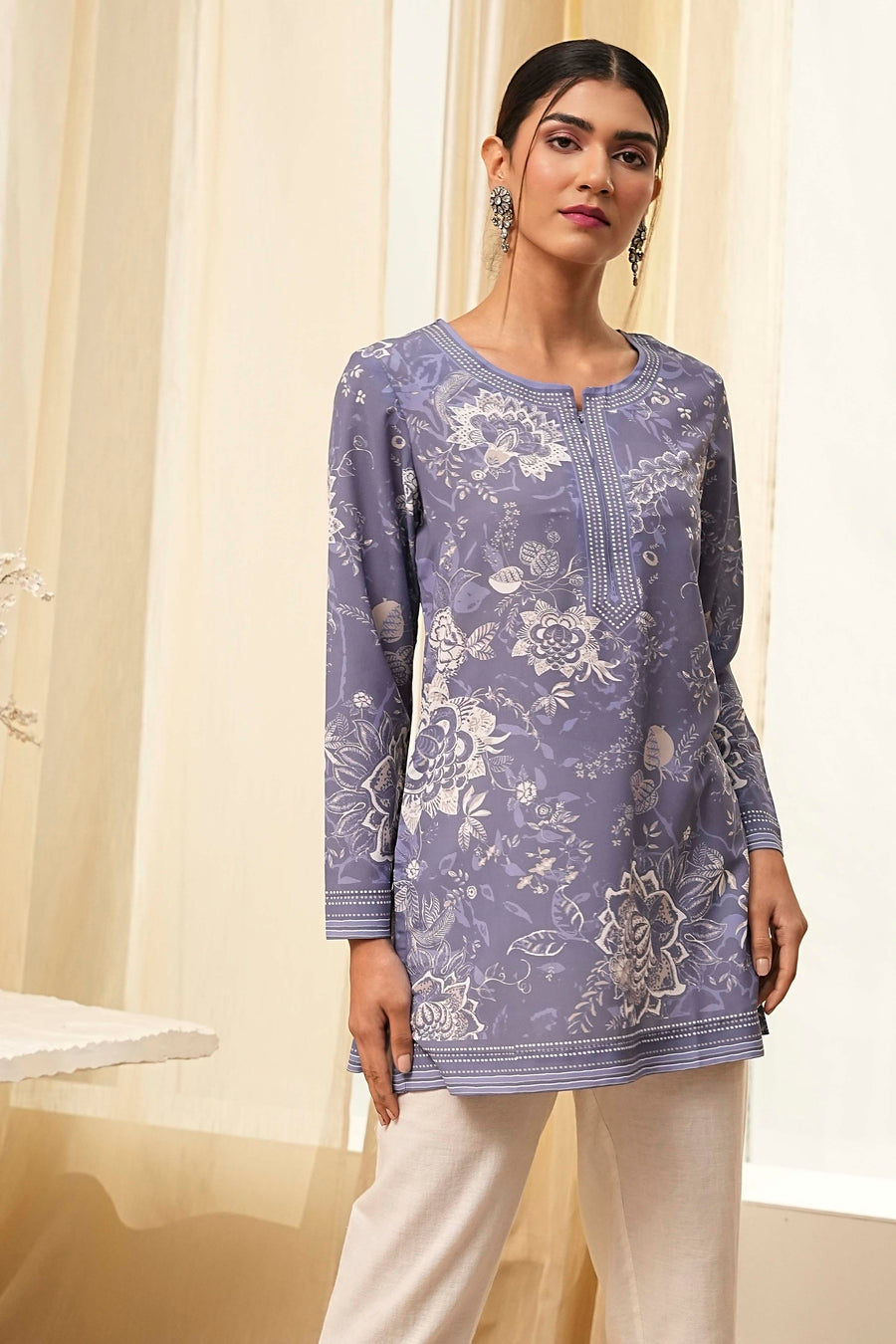 Blue Floral Printed Short Straight Kurta K60