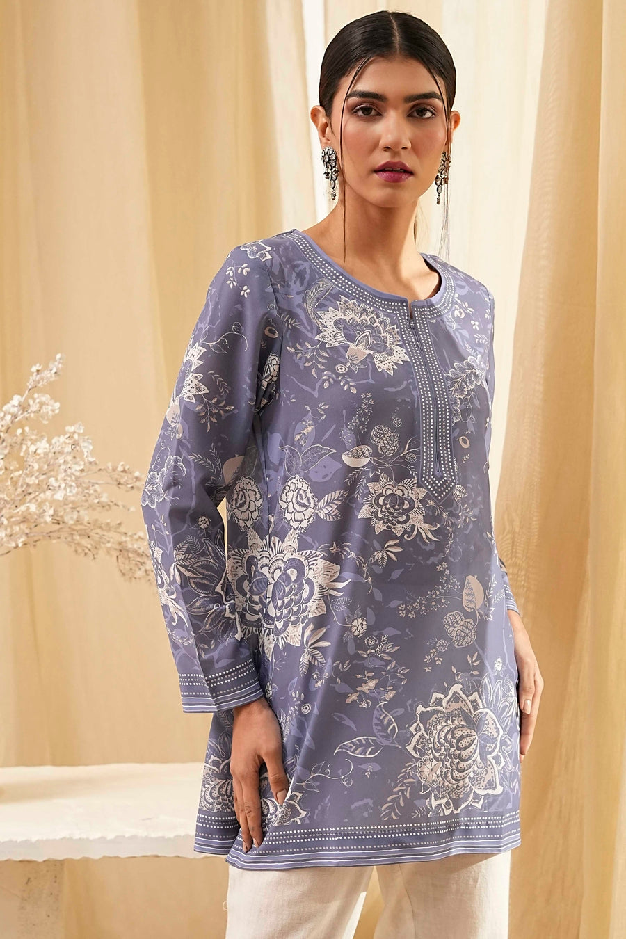 Blue Floral Printed Short Straight Kurta K60