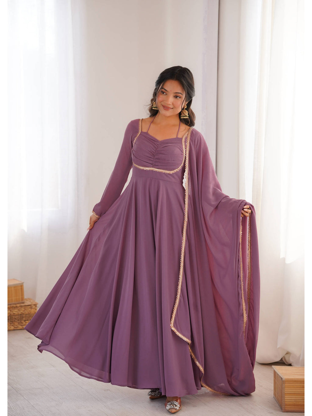 Mauve Solid Georgette Flared Anarkali and Dupatta Set | KDG - view 1
