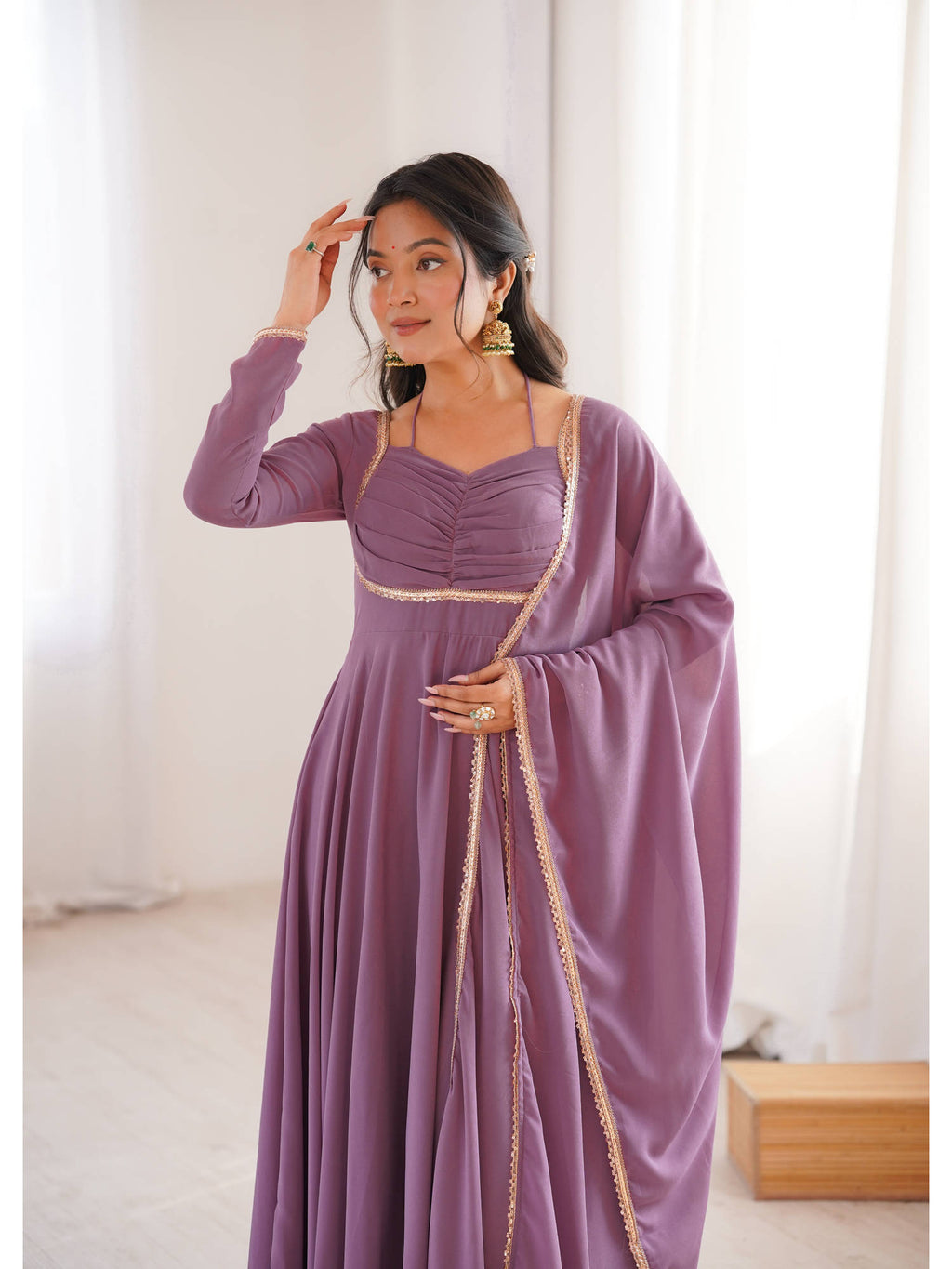 Mauve Solid Georgette Flared Anarkali and Dupatta Set | KDG - view 2