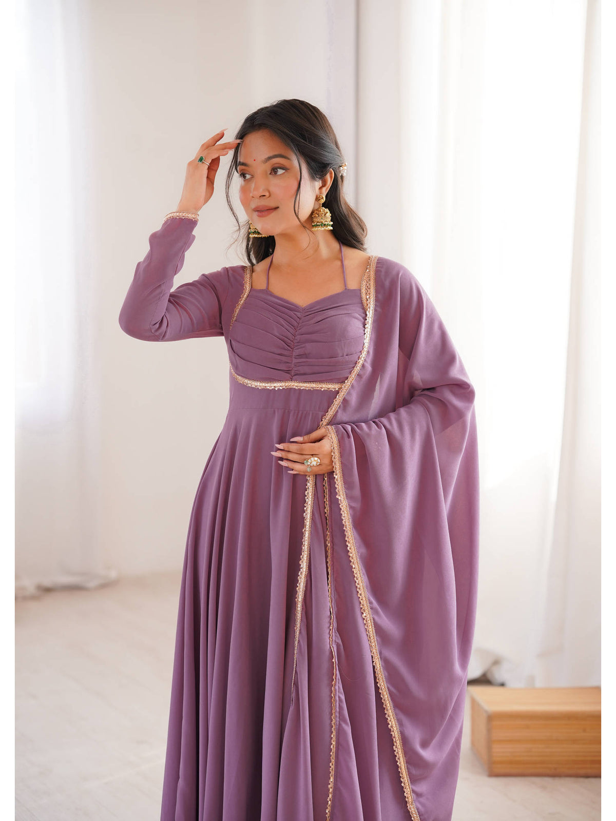 Mauve Solid Georgette Flared Anarkali and Dupatta Set | U3S - view 2