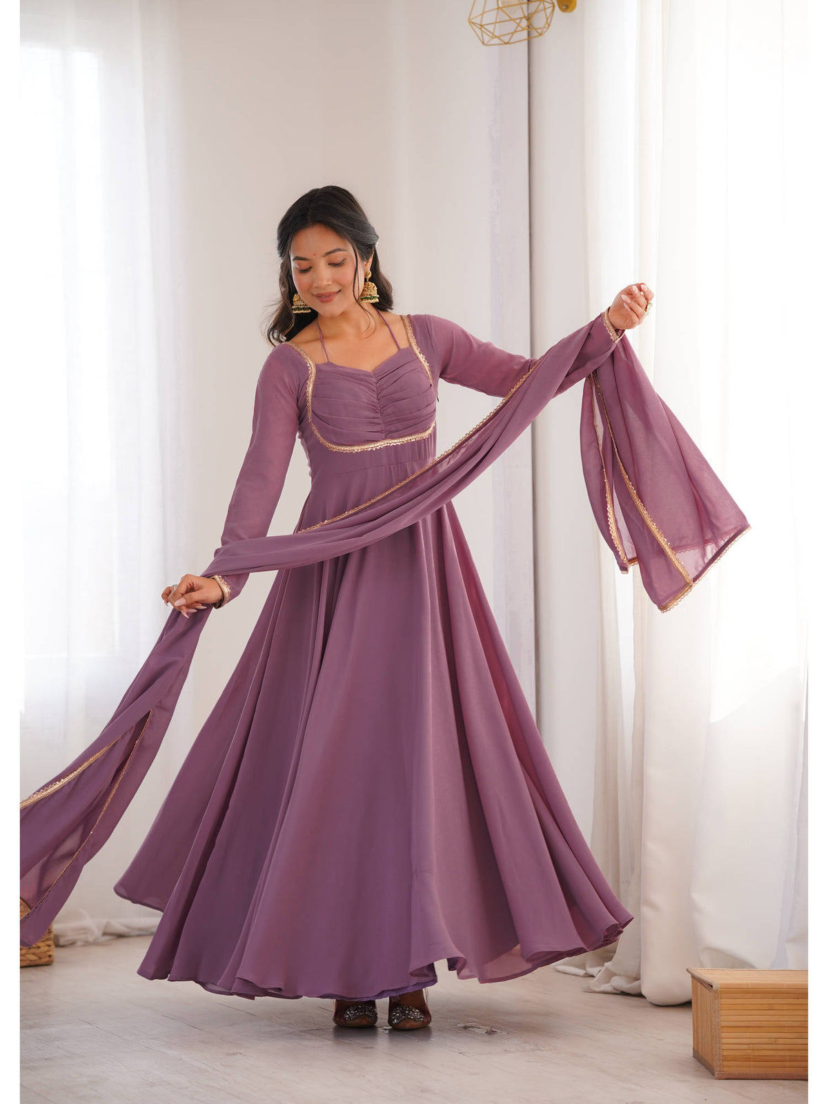 Mauve Solid Georgette Flared Anarkali and Dupatta Set | U3S - view 5