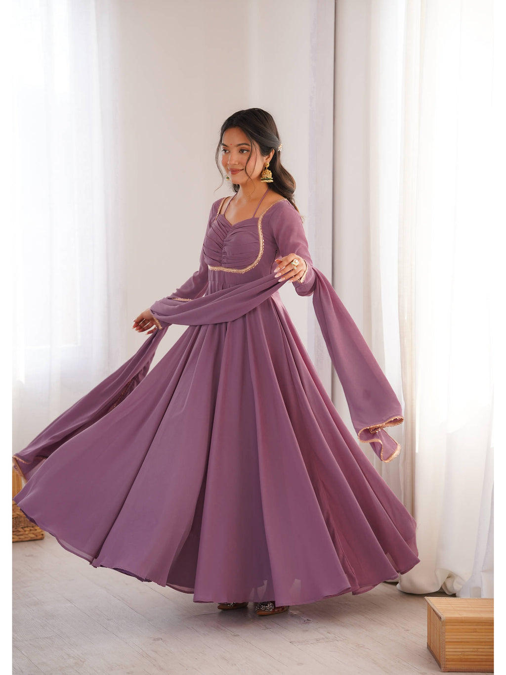 Mauve Solid Georgette Flared Anarkali and Dupatta Set | KDG - view 7