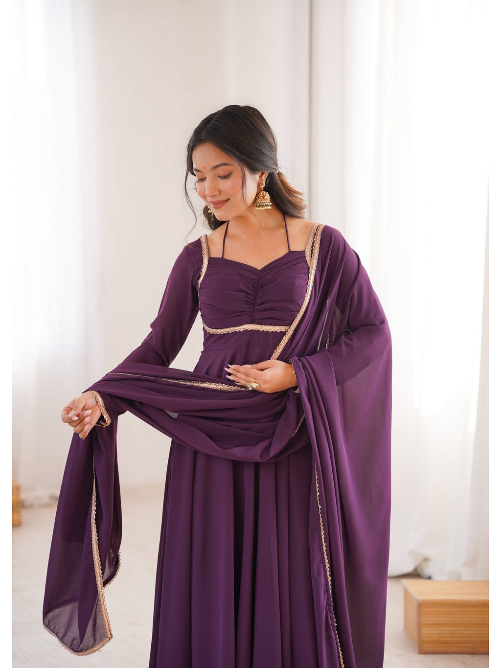 Mauve Solid Georgette Flared Anarkali and Dupatta Set | U3S - view 9